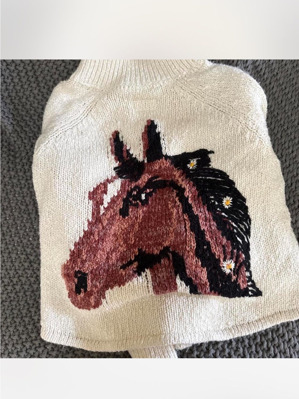Pilcro Cream Sweater with Brown Horse Intarsia and Daisy Accents - Picture 3 of 4